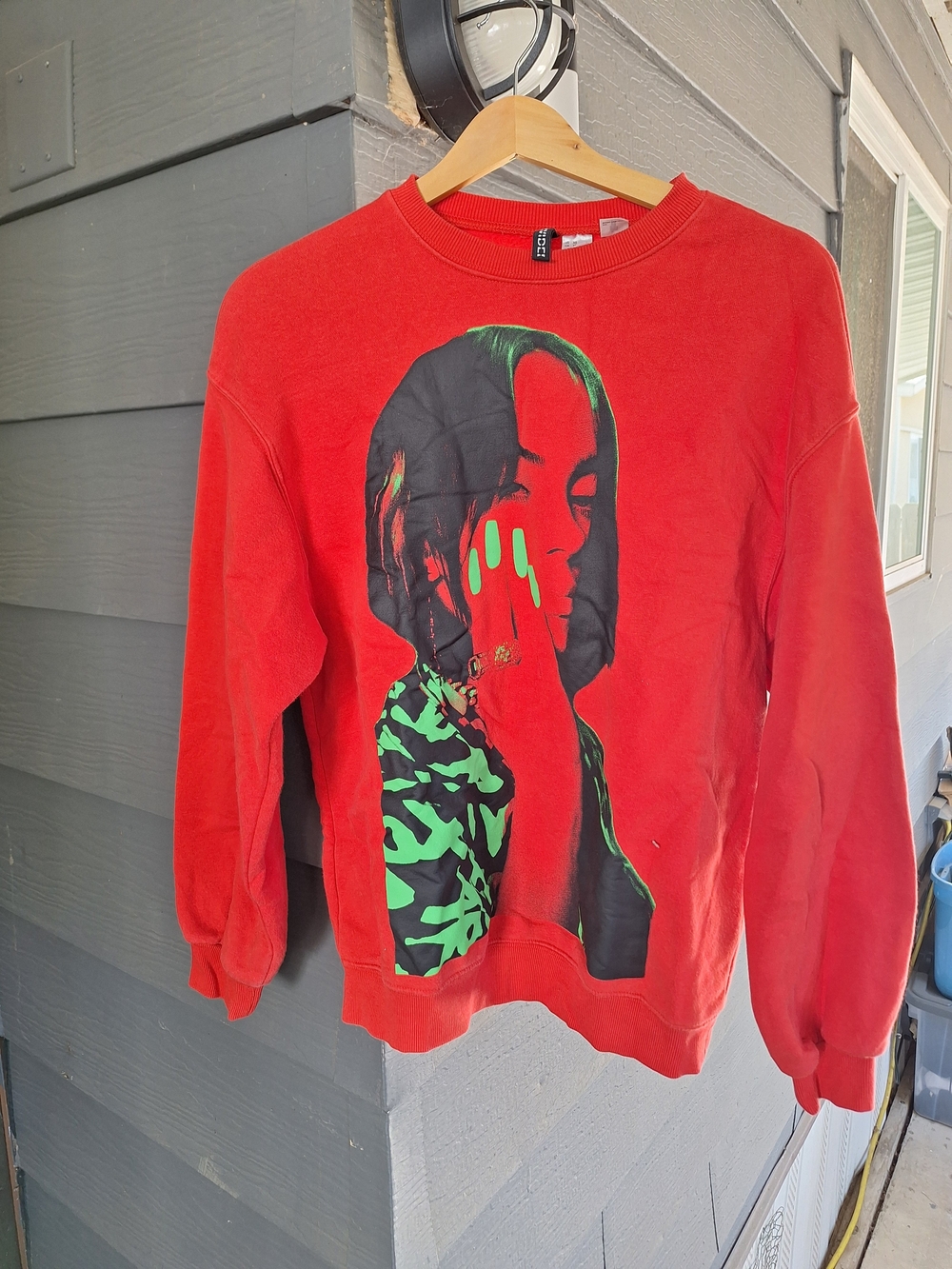 H&M Red Graphic Crewneck Sweater with Neon Green Print